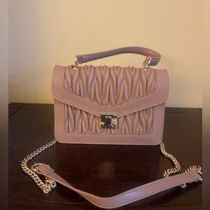 Sale * Tan small purse with gold chain strap and buckle accent